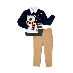 Nwt Baby Boy's Christmas Holiday Polar Bear Sweater Outfit, 3pc